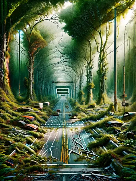 create a very detailed design of a dual carriageway that converts sunlight into electricity cars roll on the road and it goes through a forest