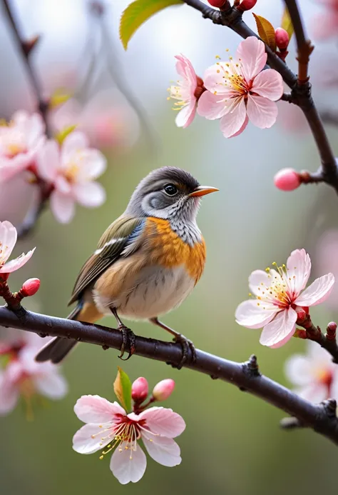 A bird stands on a branch of blooming plum blossoms, macro photography, soft light and shadow, 4K high definition, high-definition photography