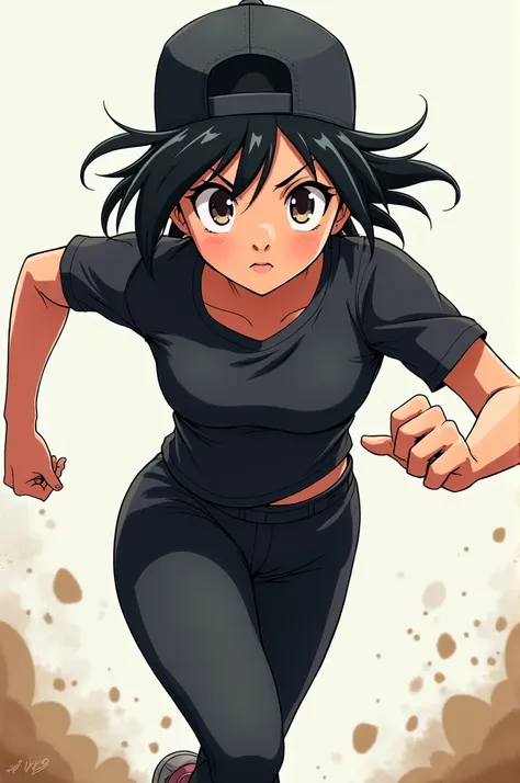 1 anime girl with short black hair running in black sportswear and backwards hat 