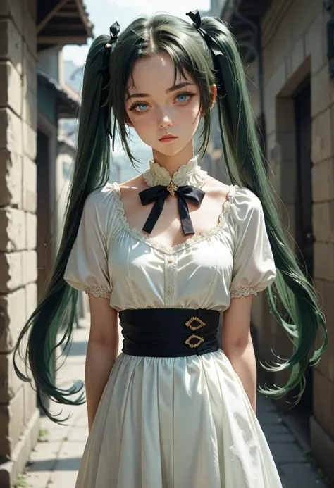 the innocence, dark green hair, twintails, arms behind back, white dress, black waist tie, a girl,blue eyes,