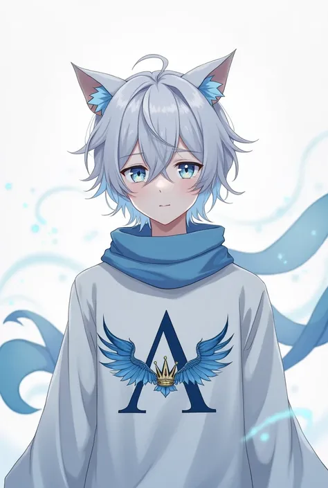 Make a male anime character with white hair blue eyes blue scarf white shirt cat ears with a letter A printed on the shirt with a crown on Sima of the letter A and wings on the side of the letter A 