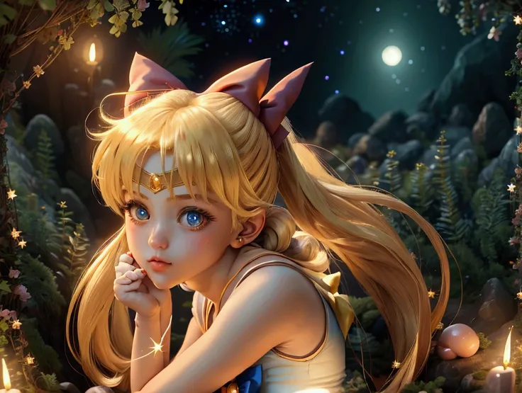 sailor moon, in her sailor suit with a golden tiara and a red bow, She shows off her long blonde hair in pigtails adorned with crescent moons, in a dynamic pose of magical transformation, surrounded by sparkles and a starry sky.