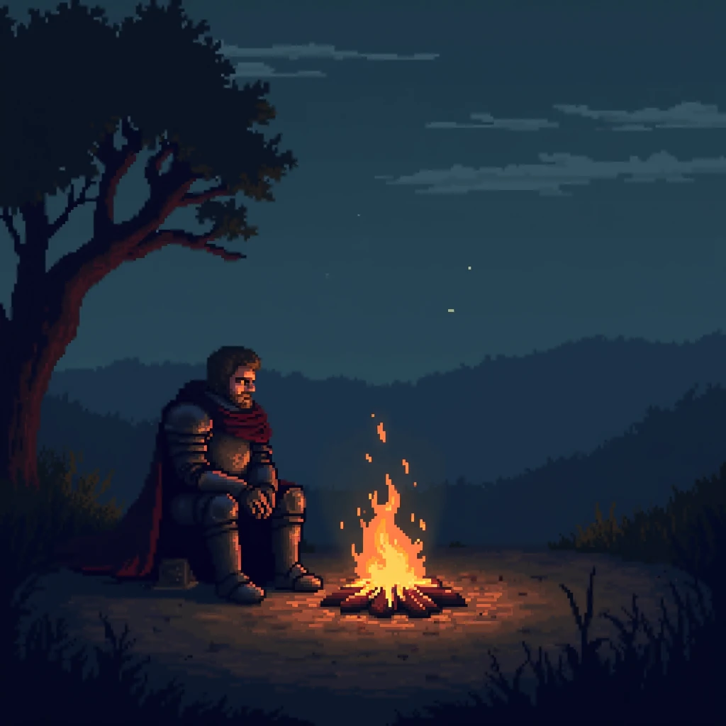 Very early in the morning, a knight in dark medium-heavy armor sits by a fire in pixel art