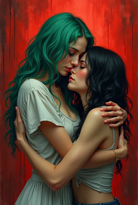 Drawing of a green haired woman hugging a scared black haired woman with a bloody background 