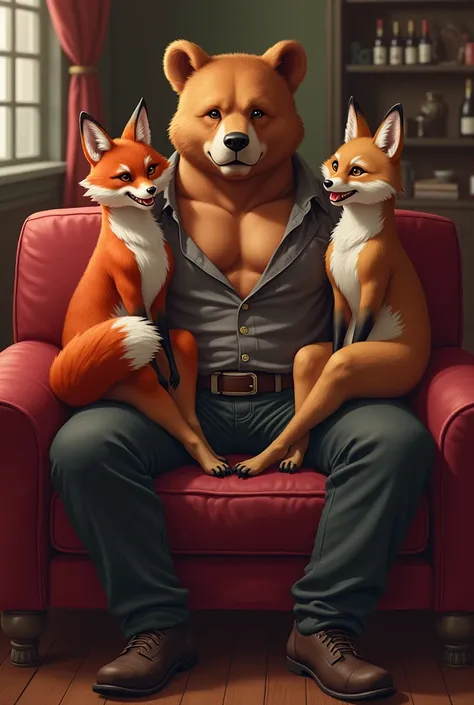 (masterpiece, best quality:1.2), 1man and 2 girls, full body, (anthropomorphic Brown Bear Muscular man, anthropomorphic Ezo Red Fox sexy girl, anthropomorphic Ezo Raccoon Dog sexy girl,furry, kemono:1.2), A brown bear is sitting on a sofa with a Ezo raccoo...