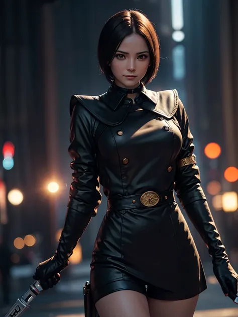 (at night), in a video game scene in the background, a beautiful city at night, raining, alone, standing looking straight ahead, military green womens clothing, black gloves, semi-short hair, (( semi-short hair)), 1 girl, 30 years old, young woman, perfect...