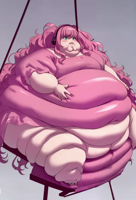 Extremely obese woman, wearing a loose pink dress, fat blob, far rolls, immobilized by her weight, very long wavy neon pink hair, a big belly, saggy belly, gluttony, hanging belly, sitting on a pink plastic chair 