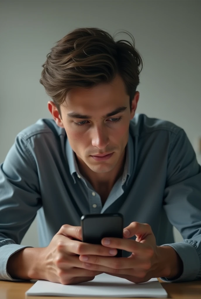 young man looks at his cell phone sitting at a desk