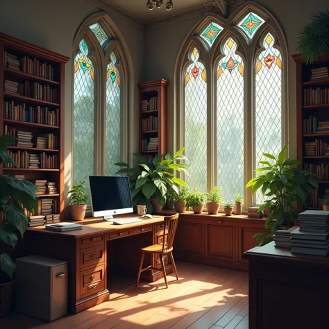 A captivating high-definition painting of a study room that seamlessly blends Gothic architectural elements with modern touches. The room is bathed in natural light streaming through tall, arched windows adorned with stunning colored leaded glass designs. ...