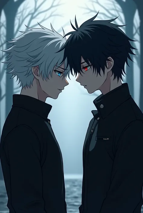 Boy love story for my novel: A guy 2 with white hair, blue eyes and Shinigami, red eyes. They standing next each other, glare. The asmosphere is dull