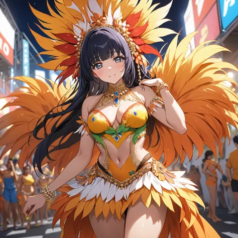 ((Highest quality)), ((masterpiece)), (detailed), （Perfect Face）、The woman is Reika Aoki with semi-long hair、A woman wears a samba costume at the Rio Carnival