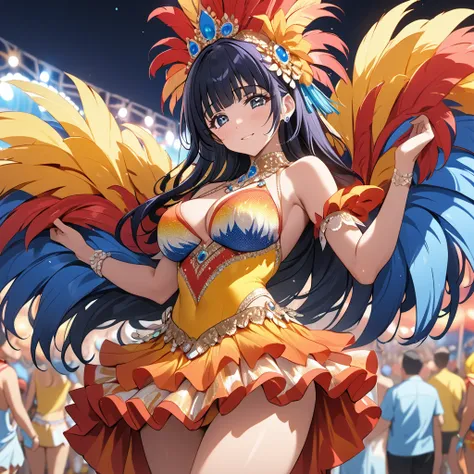 ((Highest quality)), ((masterpiece)), (detailed), （Perfect Face）、The woman is Reika Aoki with semi-long hair、A woman wears a samba costume at the Rio Carnival