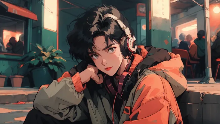 whole body、Sit on the ground and lean against the wall、night、One beautiful woman、Hooded parka、skirt、Signal 、intersection、Complex background、Detailed Hair、smile、Black Hair、Faint lighting、Wear headphones、Anxious look、night空を見上げる、Elbows on the ground