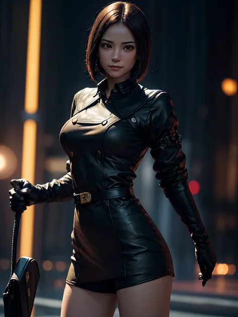 (at night), in a video game scene in the background of a beautiful city at night, raining, alone, standing looking straight ahead, military green clothing, black gloves, semi-short hair, ((semi-short hair )), 1 girl, 30 years old, young woman, perfect hand...