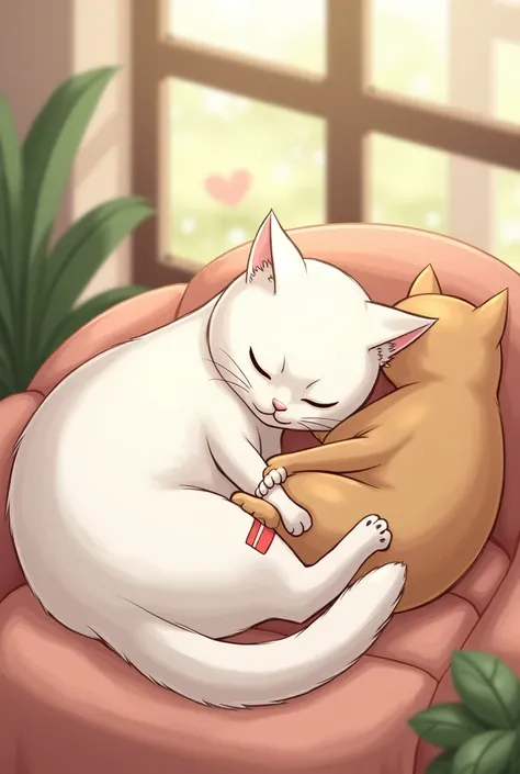   Moti brown band Sona white cat Sona with a Small Injury: Sona resting in a cozy corner with a small bandage on her paw, while Moti sits nearby, keeping her company.