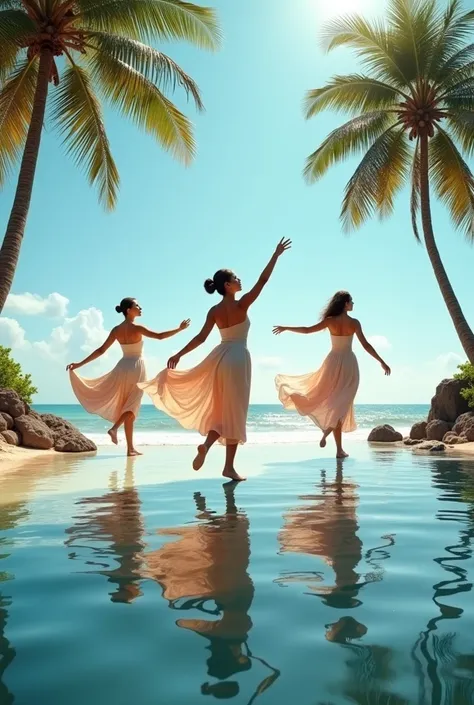 dancers REFLECTION IN THE SEA PALM TREES