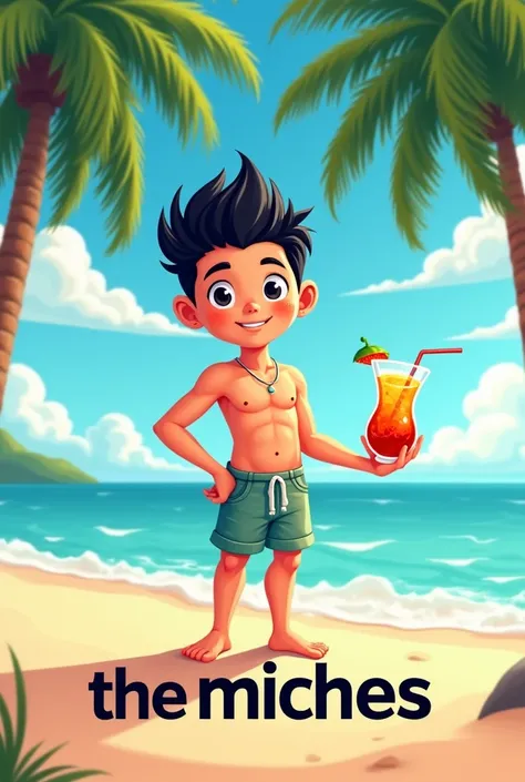 Create me a mascot logo where the mascot is a handsome black-haired boy serving a drink on the beach and a beach palm tree and below it have the letters "THE MICHES"