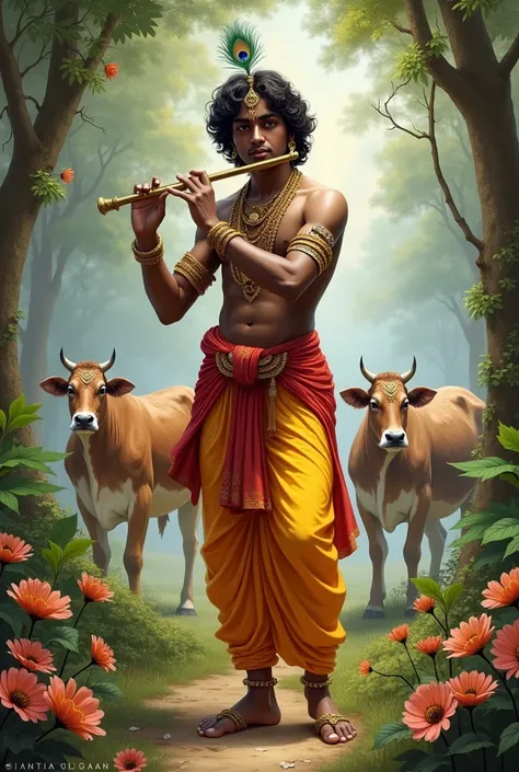 Shree krishna standing pose with flute & background garden & cows