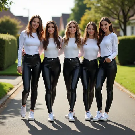 a group of german teenanger, show entire bodys, shoes in view, front view, all wearing black high waisted ultra tight fitting skinni leather leggings, all wearing white long sleeve tight fiiting bodys, all wearing white converse sneaker, sunny day, staying...