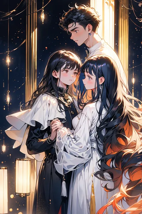 A young man and a young woman are in a grand and noble setting, with high ceilings adorned with constellations. The young woman has hair resembling crystal clear rivers and delicate, almost transparent skin. The young man, with black hair, stands close to ...