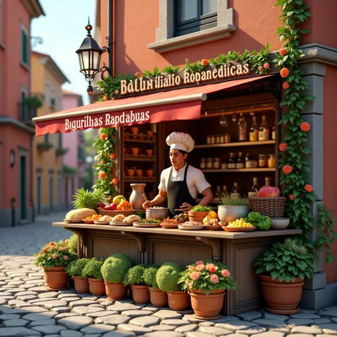 A 3D render of a food stand named "BIGURILHAS RAPATABUAS". The stand is set up on a cobblestone street. Theres a chef wearing a white hat and a black outfit, standing behind the counter. He is holding a spoon. The counter is covered with various ingredient...