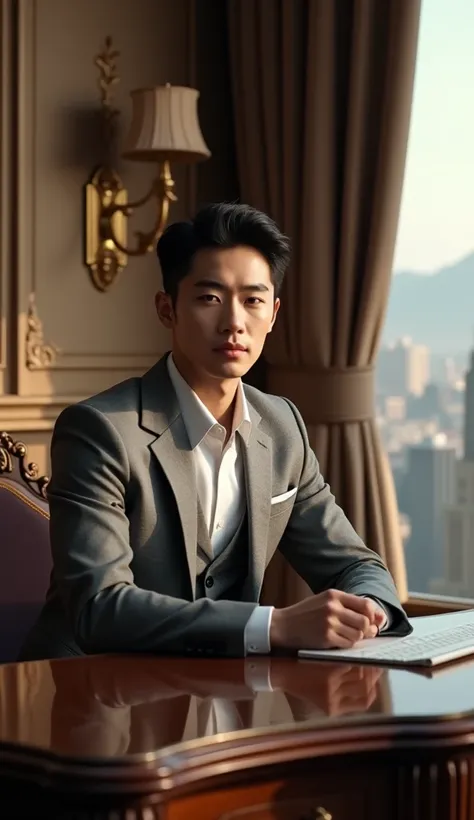 Image of a young black-haired Korean man in a very elegant suit. Inside a luxurious office sitting at a desk with a luxurious computer 