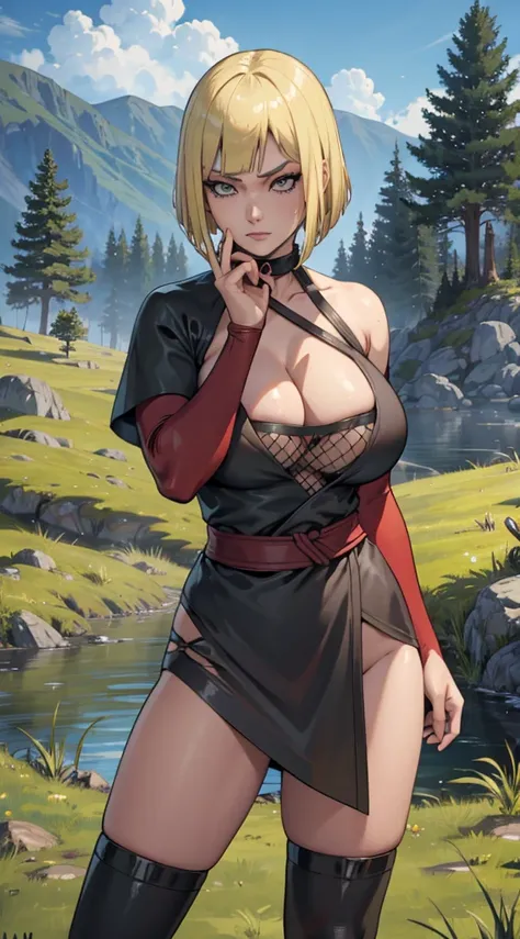 Samui from naruto, 1girl, western girl, solo, (huge tits), thiccture perfect, short blonde bob hair, large eye, wearing sexy gray ninja outfit, gray kimono, black fishnet, wearing red handband, cleavage, vambraces choker, wearing black shinobi sandal, wiel...