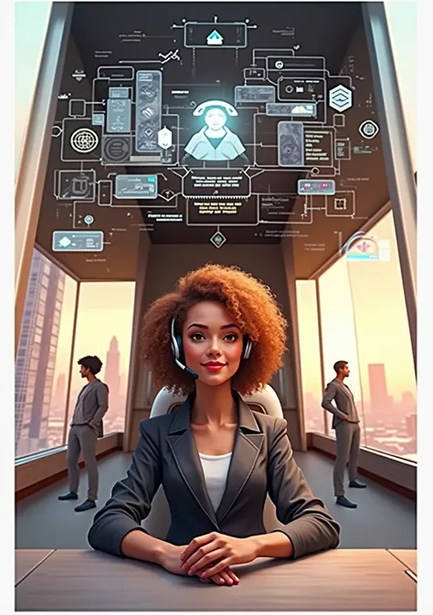 Create an image of a young woman resembling Andy Allo, working as a customer service representative in a futuristic setting. She has medium-length, curly hair with a golden brown hue and a warm skin tone. She is wearing a casual yet professional outfit, li...