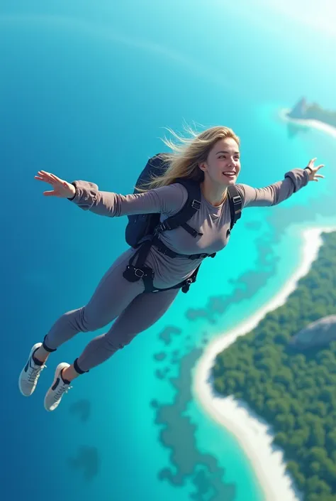 Woman skydiving showing island below