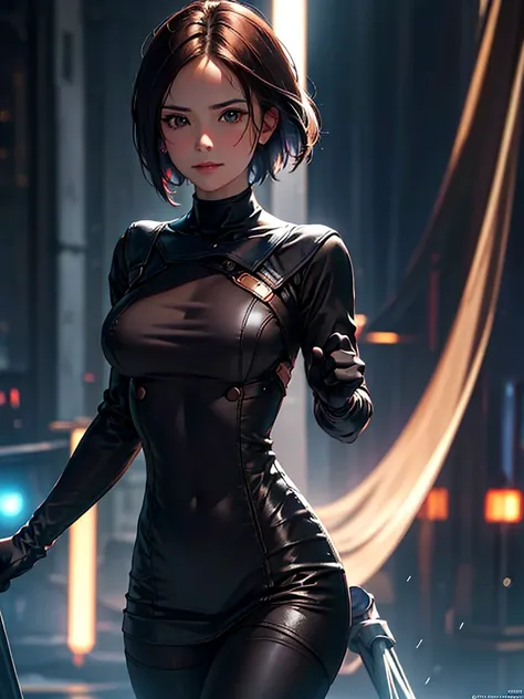 (at night), in a video game scene in the background of a beautiful city at night, raining, alone, standing looking straight ahead, military green clothing, black gloves, semi-short hair, ((semi-short hair )), 1 girl, 30 years old, young woman, perfect hand...