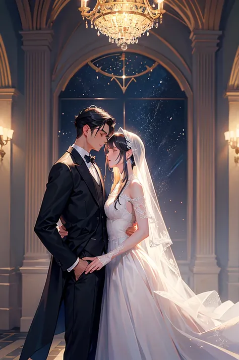 A young man and a young woman are in a grand and noble setting, with high ceilings adorned with constellations. The young woman has hair resembling crystal clear rivers and delicate, almost transparent skin. The young man, with black hair, stands close to ...