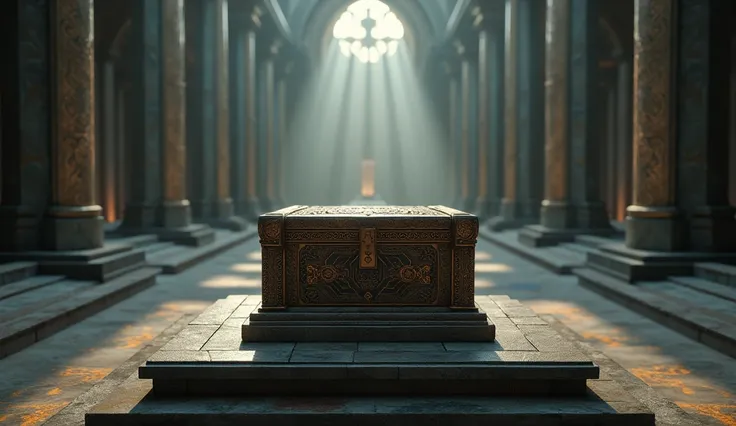 In the centre of the chamber, on a pedestal, lies a small, intricately carved box.