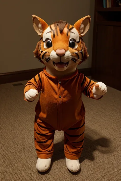 Image of a 3d animated stuffed squirrel in a tigger costume