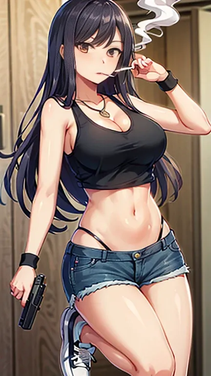 Highest quality,high resolution,２d,(Cel animation style),One woman,30 year old Asian female,(Straight long black hair),((Black tank top and denim)),((Shorts)),((holding a pistol in both hands)),(Skull Necklace),Black sneakers,(Beautiful face with slits 1.3...