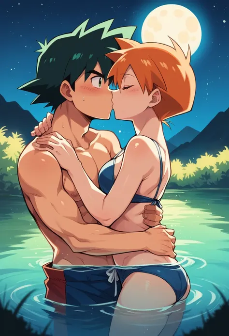 1boy, ash ketchum, black hair, brown eyes, hair between eyes, ash ketchum, on a lake, shirtless, male swimwear, handsome boy, macho, good looking boy 1girl, misty pokemon, orange hair, green eyes, on a lake, blue swimsuit, blue bikini, pretty, beautiful gi...