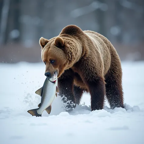 snow, a brown bear hunts a salmon,