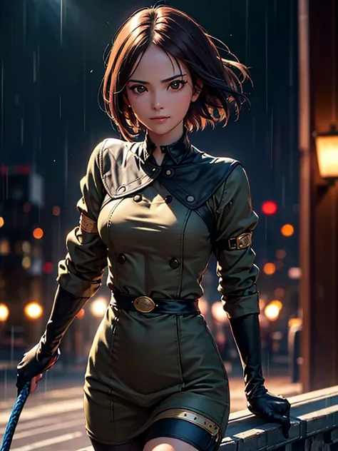 (at night), in a video game scene in the background of a beautiful city at night, raining, alone, standing looking straight ahead, military green clothing, black gloves, semi-short hair, ((semi-short hair )), 1 girl, 30 years old, young woman, perfect hand...