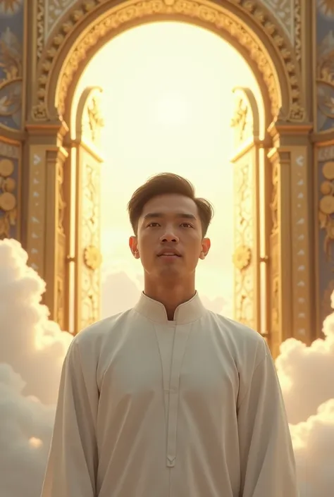 Make me a photo of an Indonesian man in his 20s wearing a Catholic white robe, with the background of 2 golden gates of heaven above the clouds, very realistic, photo taken using a Nikon camera