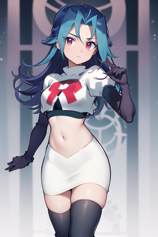 masterpiece, best quality, highres, kr1, multicolored hair, dyed bangs, team rocket,team rocket uniform,white skirt,red letter R,crop top,black thigh-highs,black elbow gloves, cowboy shot, 