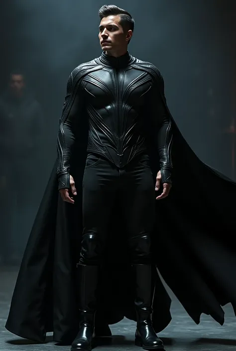 Clothing for a man to be a singer, a Catwoman style but for men with black leather boots, cape, tight pants with the torso covered with an elaborate and tight-fitting sweatshirt