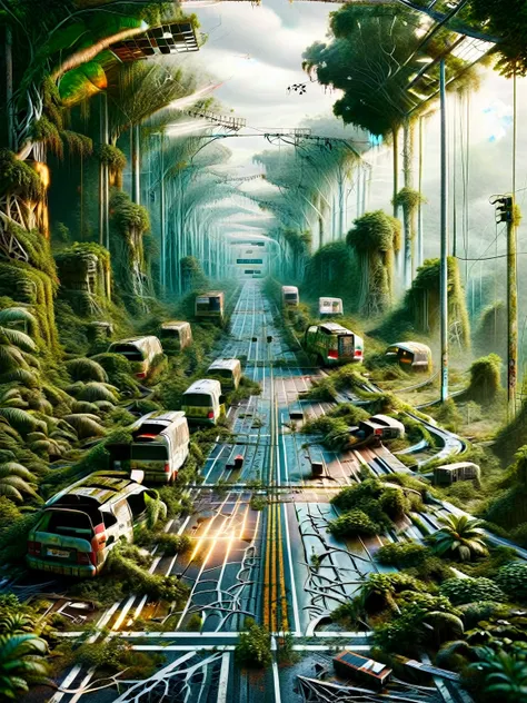 create a highly detailed design of a dual carriageway that converts sunlight into electricity with solar panels embedded in the road cars roll on the road and it cuts through a rainforest in Brazil