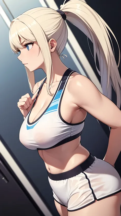 ((masterpiece:1.2, best quality)), Solitary, (Sportswear), Platinum Blonde, Long hair,  (top view, Front focus, Look straight ahead),Ponytail, Large Breasts,  