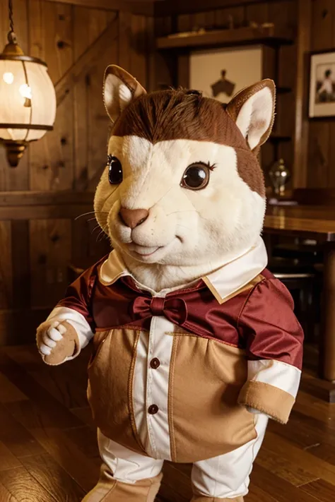 Image of an animated stuffed squirrel, dressed in a bull costume