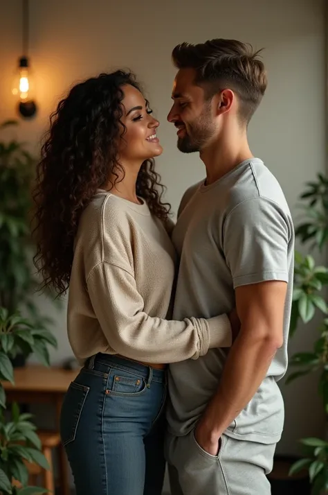 a couple, beautiful intp girl, long curly hair, small chest, wearing a sweater top and jeans pants, a handsome istp men, short hair, tshirt top, sweatpants