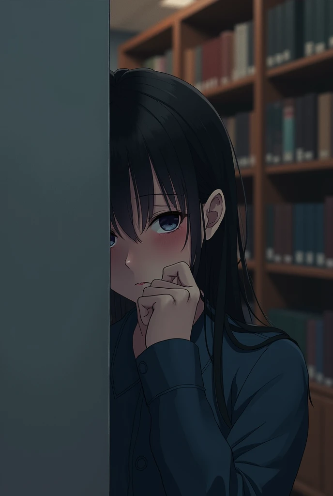 A girl hiding her tears she look sad she hide behind a wall in library she crying because she see her crush with another girl 
