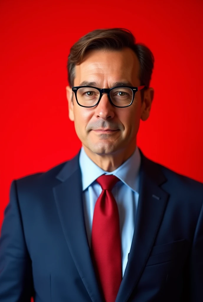 Half-body photo of a 40 year old man in a suit and tie wearing glasses with a red ground background