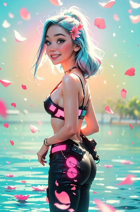 Cyberpunk woman, Side view facing the front camera, (Blush petals, Lagoon blue background:1.3), Amazing smile, looking at camera, neon light, at night, In the community