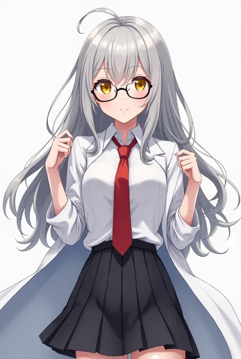 (Masterpiece) (Anime Girl, 1girl) (Detailed) She has a Pale And Flawless Skin, She has a Long Gray Hair and a Yellow-ish Eyes, For her outfit she wear a School Uniform which a White Shirt, Red Tie, School Sweater and a Black Short Skirt, She also wear a Sc...