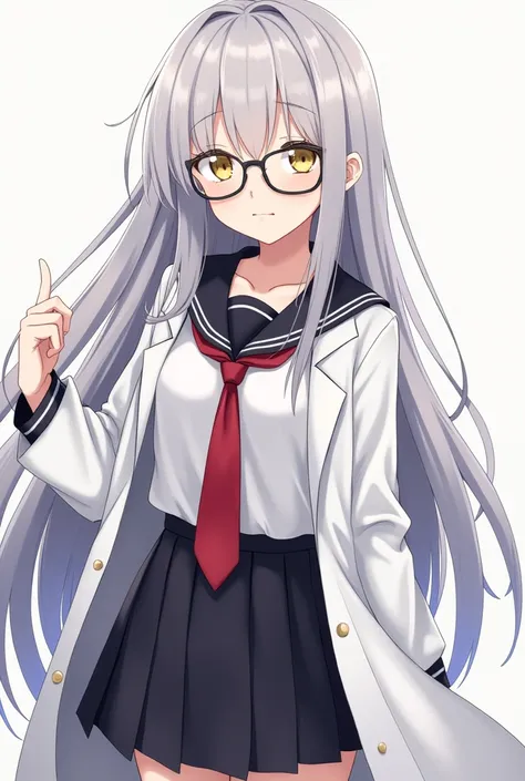 (Masterpiece) (Anime Girl, 1girl) (Detailed) She has a Pale And Flawless Skin, She has a Long Gray Hair and a Yellow-ish Eyes, For her outfit she wear a School Uniform which a White Shirt, Red Tie, School Sweater and a Black Short Skirt, She also wear a Sc...