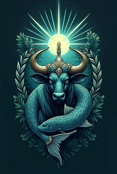 Create a visually compelling logo that combines elements of a water buffalo and a fish, incorporating blue and green colors, and features a torch, laurel, and seven sunrays.